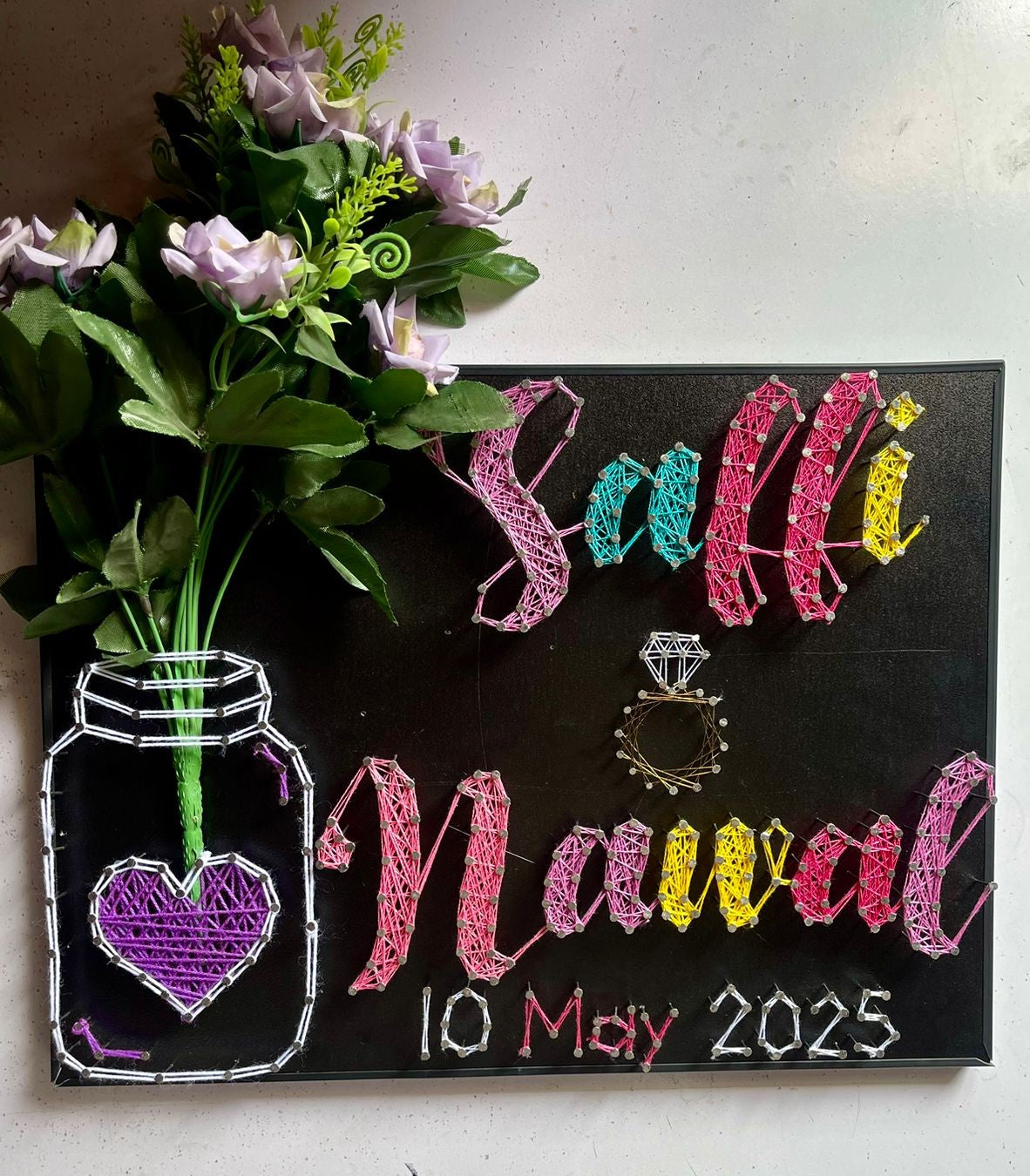 Your Couple Name In Thread - Double/ Couple Name with Jar & Flowers, Customise with Nail and Thread on Wood
