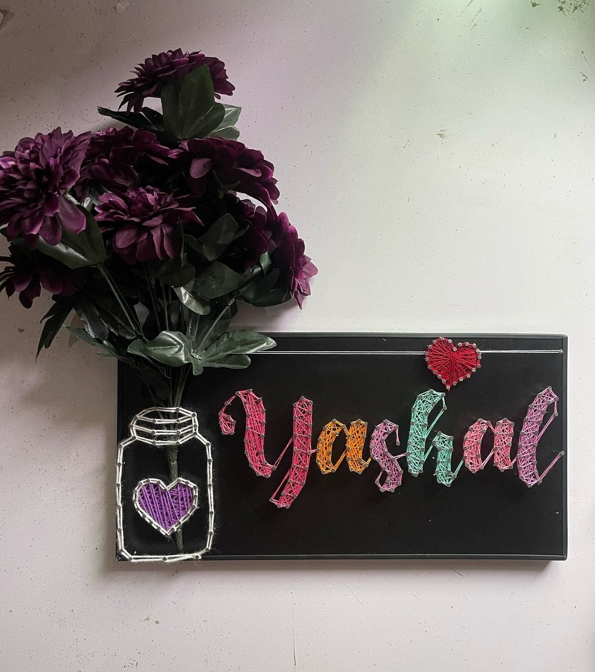 Your Name In Thread - Single Name with Jar & Flowers Customise with Nail and Thread on Wood