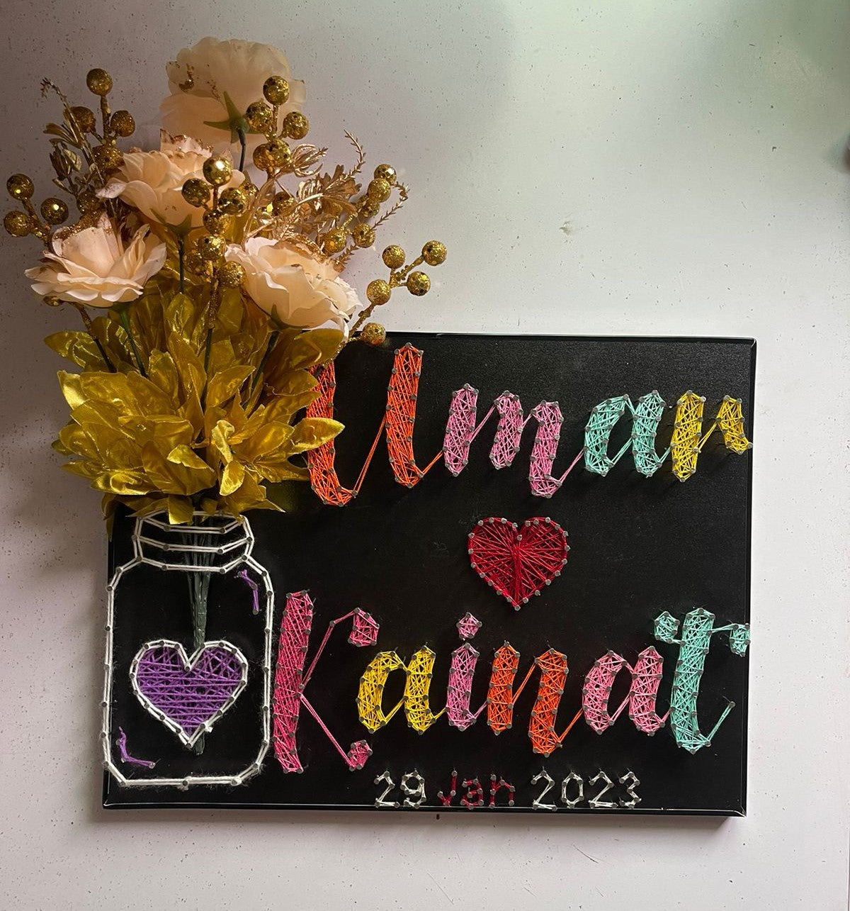 Your Couple Name In Thread - Double/ Couple Name with Jar & Flowers, Customise with Nail and Thread on Wood