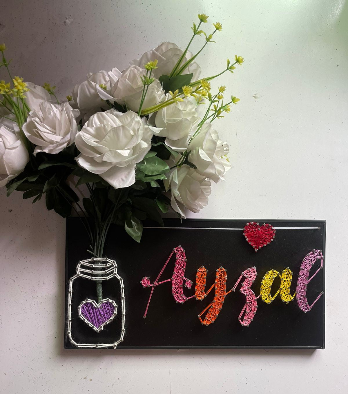 Your Name In Thread - Single Name with Jar & Flowers Customise with Nail and Thread on Wood