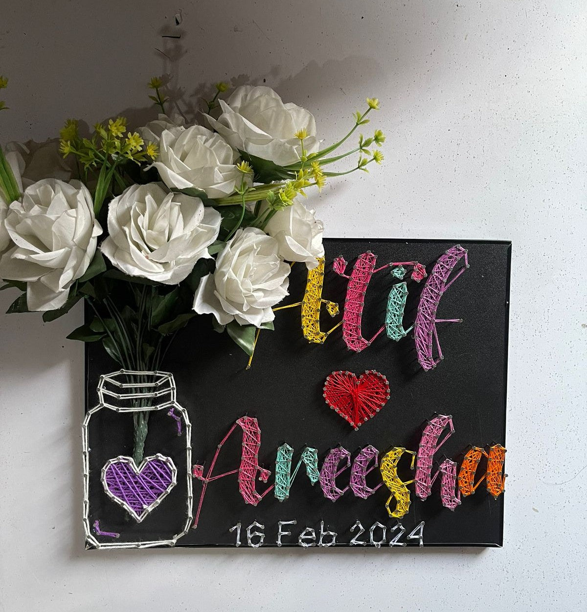 Your Couple Name In Thread - Double/ Couple Name with Jar & Flowers, Customise with Nail and Thread on Wood