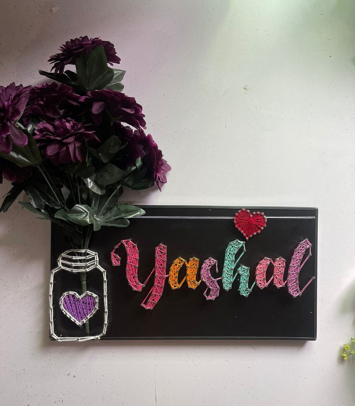 Your Name In Thread - Single Name with Jar & Flowers Customise with Nail and Thread on Wood