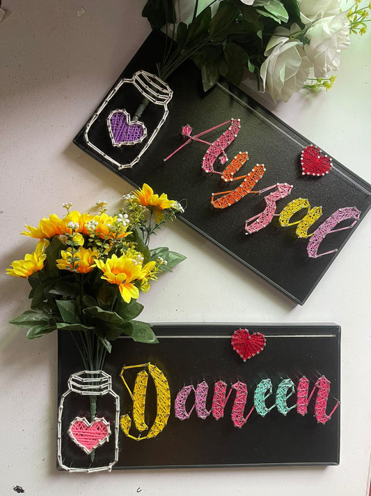 Your Name In Thread - Single Name with Jar & Flowers Customise with Nail and Thread on Wood