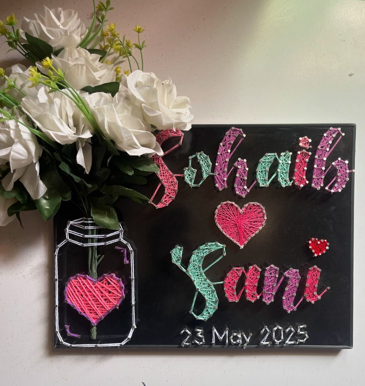 Your Couple Name In Thread - Double/ Couple Name with Jar & Flowers, Customise with Nail and Thread on Wood