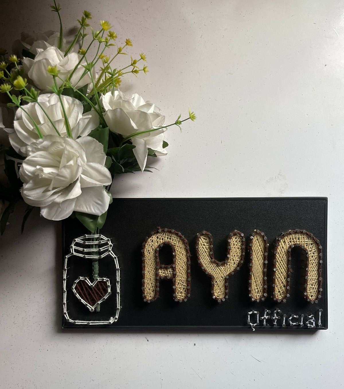 Your Name In Thread - Single Name with Jar & Flowers Customise with Nail and Thread on Wood