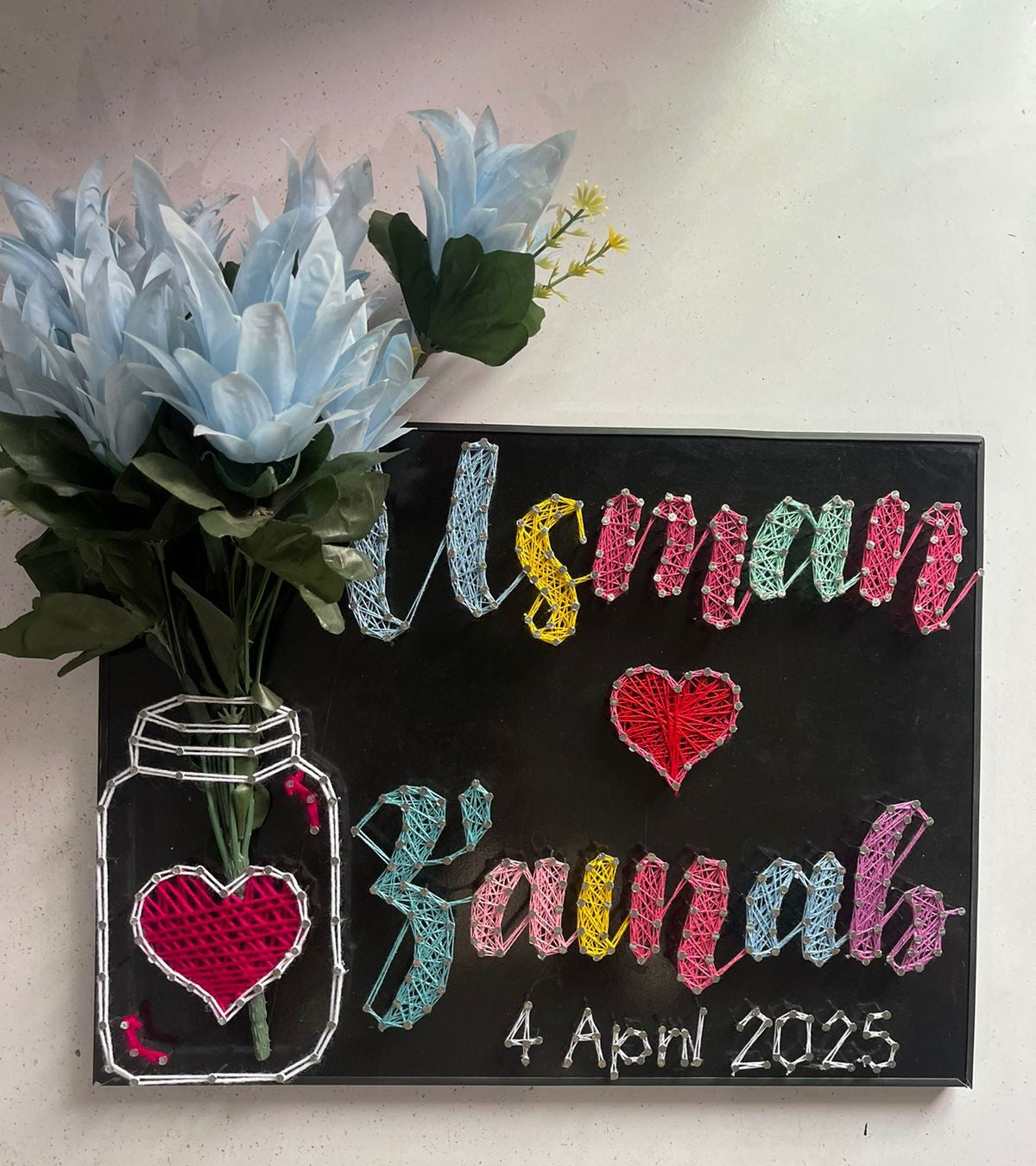 Your Couple Name In Thread - Double/ Couple Name with Jar & Flowers, Customise with Nail and Thread on Wood