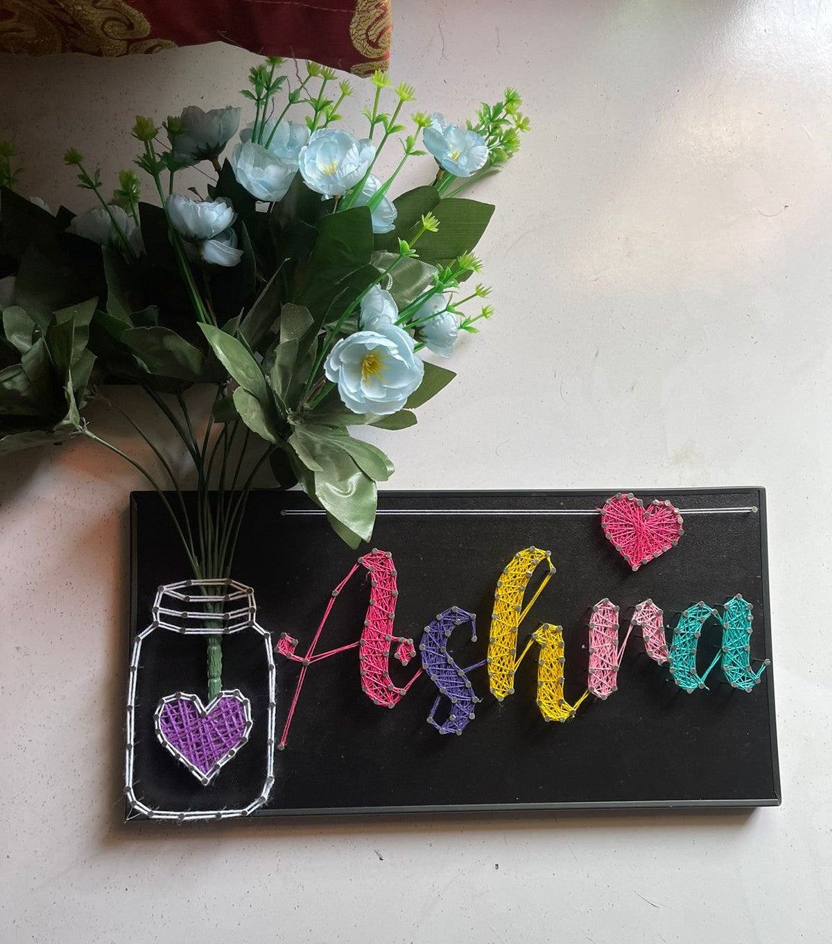 Your Name In Thread - Single Name with Jar & Flowers Customise with Nail and Thread on Wood