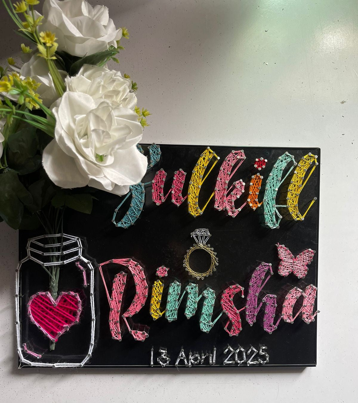 Your Couple Name In Thread - Double/ Couple Name with Jar & Flowers, Customise with Nail and Thread on Wood