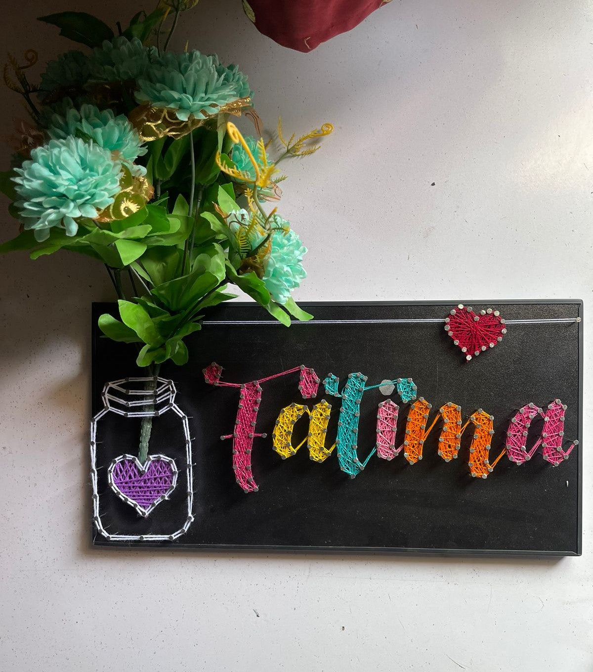 Your Name In Thread - Single Name with Jar & Flowers Customise with Nail and Thread on Wood