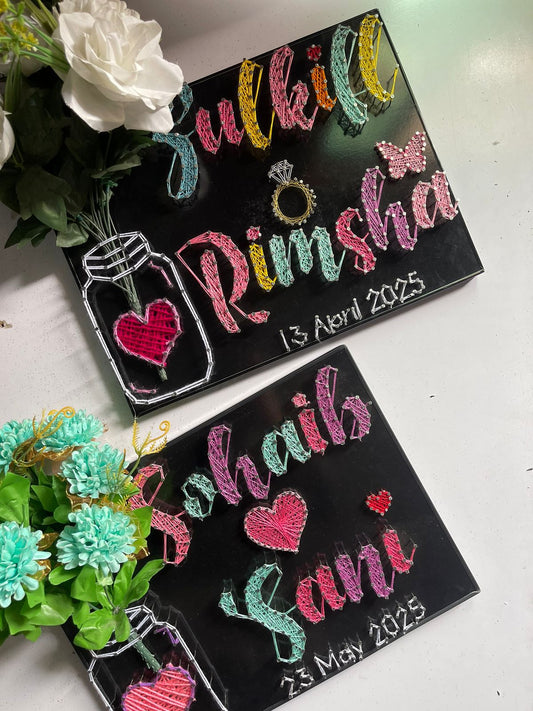 Your Couple Name In Thread - Double/ Couple Name with Jar & Flowers, Customise with Nail and Thread on Wood